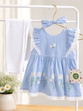 Little Me Blue Daisy Embroidered Dress & White Dot Leggings Set